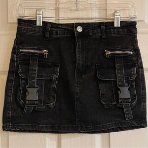 Black Denim Mini Skirt / Skort Vintage Finish & Belted Cargo Pockets Y2K